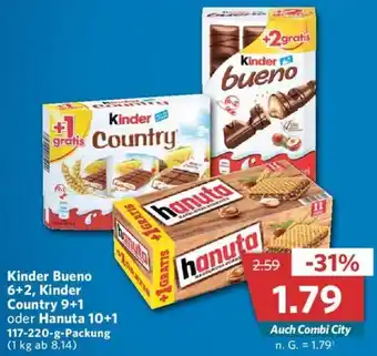 Combi Kinder Bueno 6+2, Kinder Country 9+1 oder Hanuta 10+1, 117-220-g-Packung Angebot