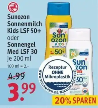 Rossmann Sunozon Sonnenspray Kids LSF 50 oder Sonnengel Med LSF 30 Angebot