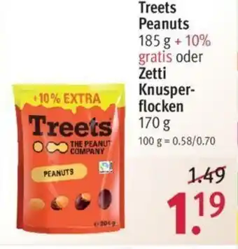 Rossmann Treets Peanuts 185 g oder Zetti Knusperflocken 170 g Angebot