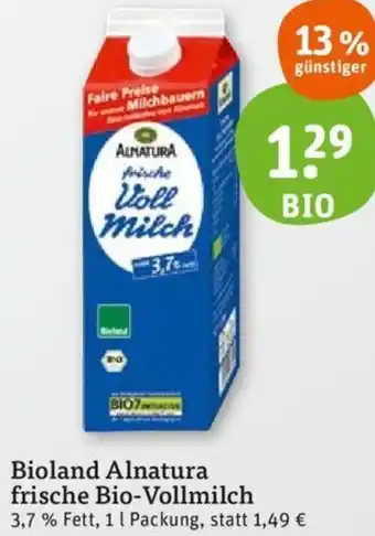 tegut Bioland Alnatura frische Bio-Vollmilch 1 L Packung Angebot