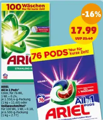 PENNY ARIEL All in 1 Pods 1.550,4-g-Packung oder Vollwaschmittel 6.500 g Packung Angebot