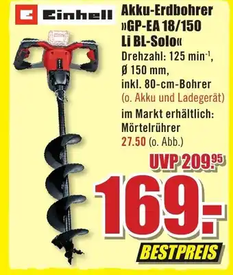 B1 Discount Baumarkt Einhell Akku-Erdbohrer >>GP-EA 18/150 Li BL-Solo" Angebot