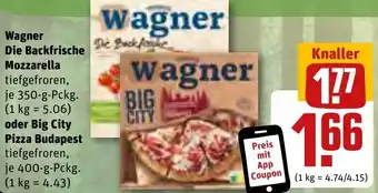 REWE Wagner Die Backfrische Mozzarella 350-g oder Big City Pizza Budapest 400 g Pckg. Angebot