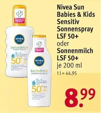 Rossmann je 200 ml Nivea Sun Schutz & Pflege Spray LSF 50+ oder Sonnenmilch LSF 50+ Angebot