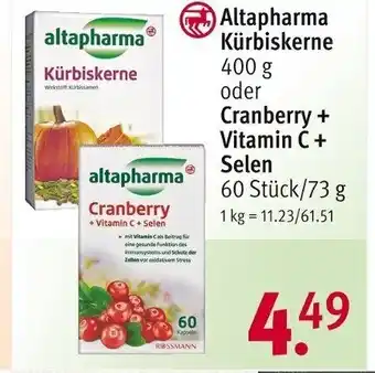 Rossmann Altapharma Kürbiskerne 400 g oder Cranberry + Vitamin C + Selen 60 Stück/73 g Angebot