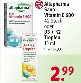 Rossmann Altapharma Sano Vitamin E 600 42 Stück oder D3 + K2 Tropfen 150 ml Angebot