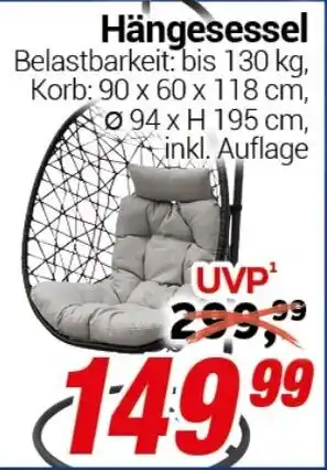 CENTERSHOP Hängesessel 90 x 60 x 118 cm, 094 x H 195 cm Angebot