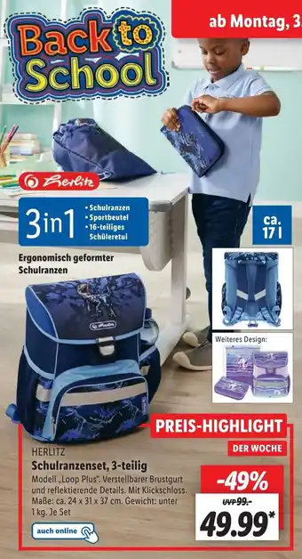 Lidl HERLITZ Schulranzenset, 3-teilig Angebot