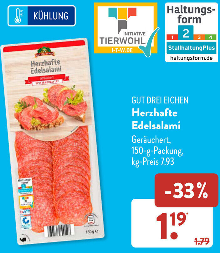 GUT DREI EICHEN Herzhafte Edelsalami 150 g Packung Angebot bei Aldi Süd