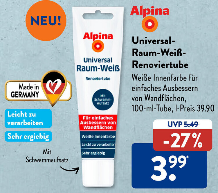 Alpina Universal RaumWeiß Renoviertube 100mlTube Angebot bei Aldi Süd