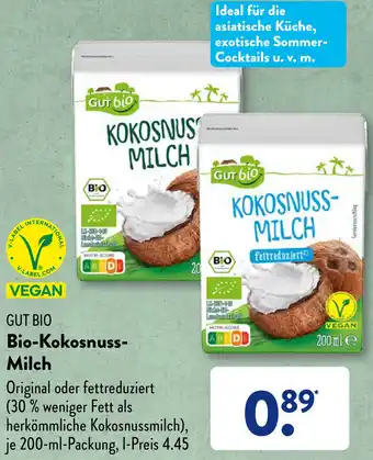 Aldi Süd GUT BIO Bio-Kokosnuss Milch 200 ml Packung Angebot