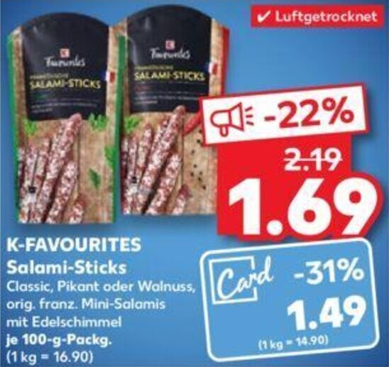 KFAVOURITES SalamiSticks 100 g Packg. Angebot bei Kaufland