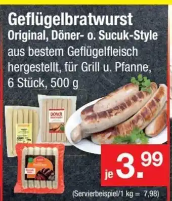 Zimmermann Geflügelbratwurst Original, Döner- o. Sucuk-Style aus bestem Geflügelfleisch hergestellt, für Grill u. Pfanne, 6 Stück, 500 g Angebot