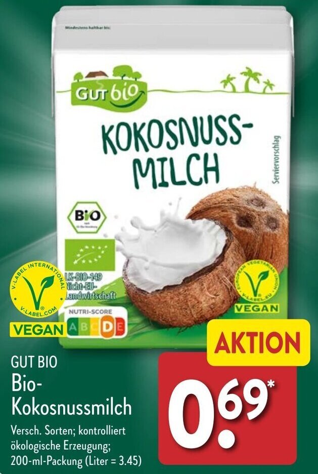 GUT BIO Bio Kokosnussmilch 200 ml Packung Angebot bei Aldi Nord
