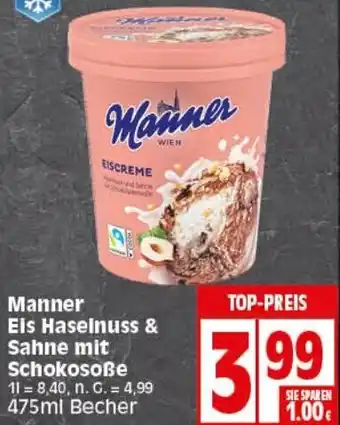 Elli Markt Manner Eis Haselnuss & Sahne mit Schokosoße 475ml Becher Angebot