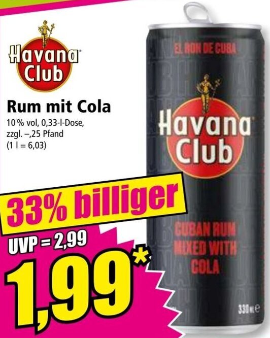 Havana Club Rum mit Cola 0,33 L Dose Angebot bei Norma