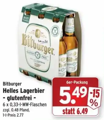 Wasgau Bitburger Helles Lagerbier - glutenfrei 6x0,33 L Angebot