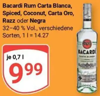 Globus Bacardi Rum Carta Blanca, Spiced, Coconut, Carta Oro, Razz oder Negra 0,7 L Angebot