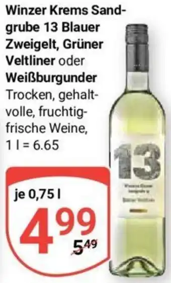 Globus Winzer Krems Sandgrube 13 Blauer Zweigelt, Grüner Veltliner oder Weißburgunder 0,75 L Angebot