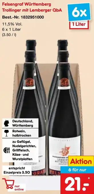 Netto Marken-Discount Felsengraf Württemberg Trollinger mit Lemberger QbA 6 x 1 Liter Angebot