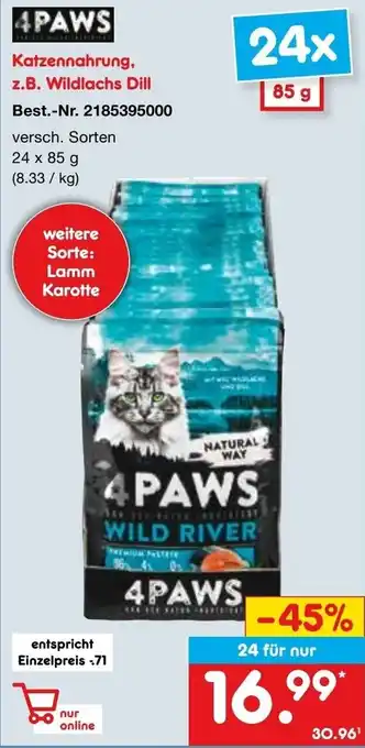 Netto Marken-Discount 4PAWS Katzennahrung, z.B. Wildlachs Dill 24 x 85 g Angebot