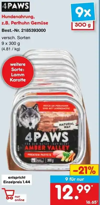 Netto Marken-Discount 4PAWS Hundenahrung, z.B. Perlhuhn Gemüse 9x300 g Angebot