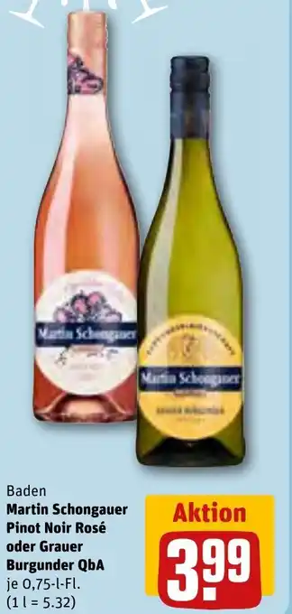 REWE Baden Martin Schongauer Pinot Noir Rosé oder Grauer Burgunder QbA 0,75-l-Fl. Angebot