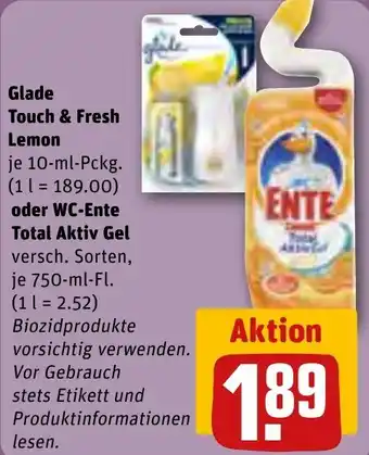 REWE Glade Touch & Fresh Lemon 10-ml-Pckg. oder WC-Ente Total Aktiv Gel 750-ml-Fl. Angebot