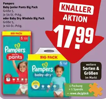 REWE Pampers Baby Junior Pants Big Pack 54 St. oder Baby Dry Windeln Big Pack 60-St.-Pckg. Angebot