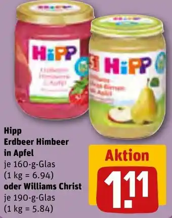 REWE Hipp Erdbeer Himbeer in Apfel 160 g oder Williams Christ 190 g Glas Angebot