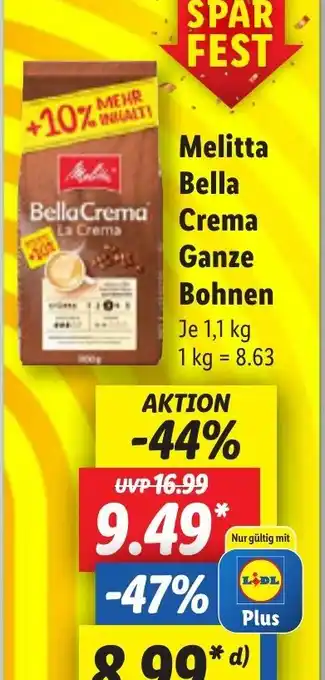 Lidl Melitta Bella Crema Ganze Bohnen 1,1 kg Angebot