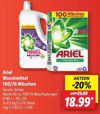 Lidl Ariel Waschmittel 100/76 Wäschen 6,5 kg/5 1/76 Stück Angebot