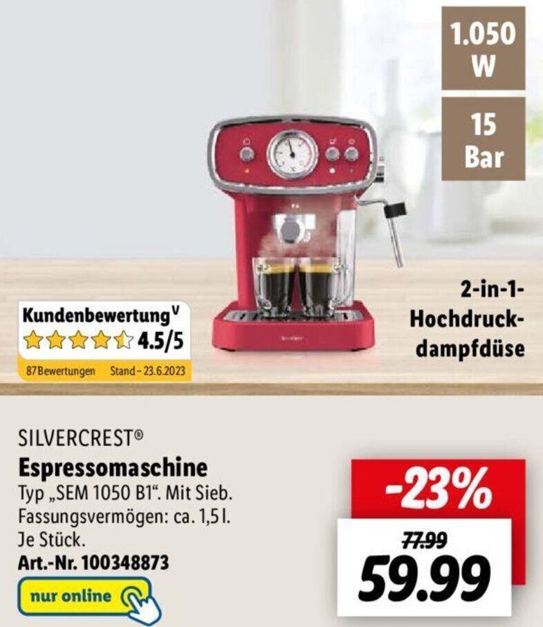 SILVERCRESTⓇ Espressomaschine ,,SEM 1050 B1" Angebot bei Lidl