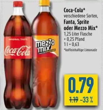 diska Coca Cola, Fanta, Sprite oder Mezzo Mix 1,25L Angebot