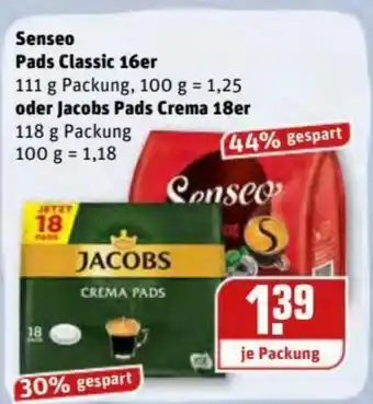 REWE Center Senseo Pads Classic 16er 111g oder Jacobs Pads Crema 18er 118g Angebot