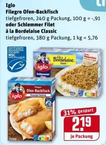 REWE Center Iglo Filegro Ofen Backfisch 240g oder Schlemmer Filet à la Bordelaise Classic 380g Angebot