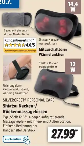 Lidl SILVERCREST® PERSONAL CARE Shiatsu Nacken-/ Rückenmassagekissen ,,SSNR 12 B3" Angebot