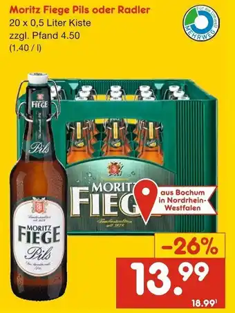 Netto Getränke Discount Moritz Fiege Pils oder Radler 20 x 0,5 Liter Kiste Angebot