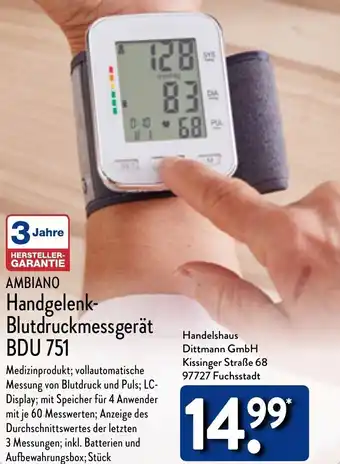 Aldi Nord AMBIANO Handgelenk-Blutdruckmessgerät BDU 751 Angebot