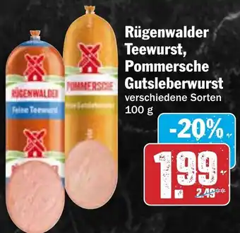 Hit Rügenwalder Teewurst, Pommersche Gutsleberwurst 100 g Angebot