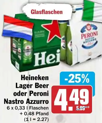 Hit Heineken Lager Beer oder Peroni Nastro Azzurro 6x0,33 L Flaschen Angebot