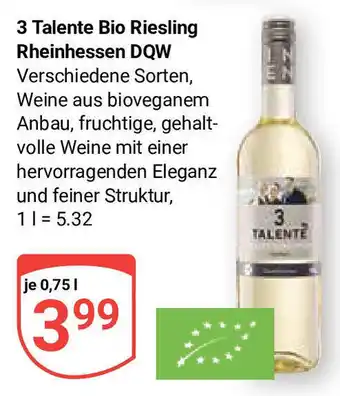 Globus 3 Talente Bio Riesling Rheinhessen DQW 750ml Angebot