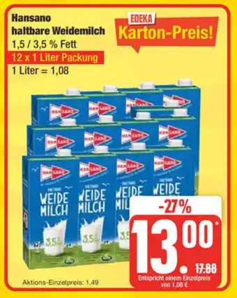 Edeka Hansano haltbare Weidemilch 12 x 1 Liter Packung Angebot