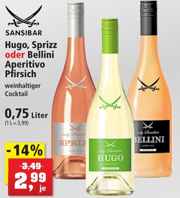 SANSIBAR Hugo, Sprizz oder Bellini Aperitivo Pfirsich 0,75 Liter