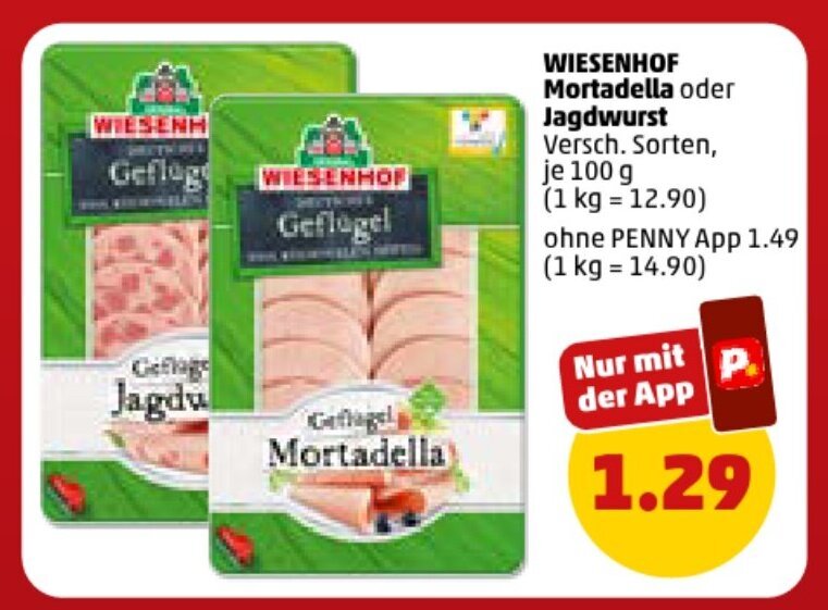 WIESENHOF Mortadella oder Jagdwurst, je 100 g Angebot bei PENNY