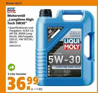 Globus Baumarkt Liqui Moly Motorenöl Longtime High Tech 5w30 Angebot