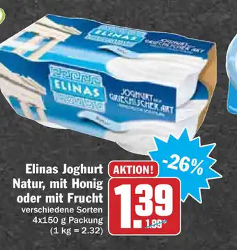 Hit Elinas Joghurt Natur, mit Honig oder mit Frucht 4 x 150g Angebot