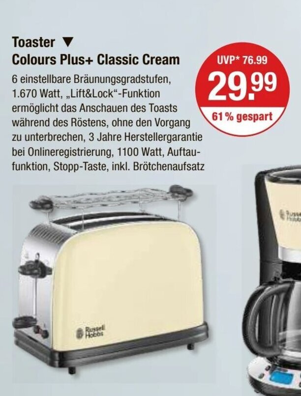 Russell Hobbs Toaster Colours Plus+ Classic Cream Angebot bei V Markt
