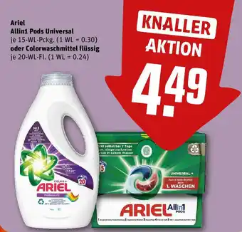 REWE Ariel Allin1 Pods Universal 15-WL-Pckg. oder Colorwaschmittel flüssig 20-WL-Fl. Angebot