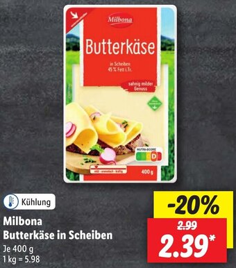 Lidl Milbona Butterkäse in Scheiben 400 g Angebot